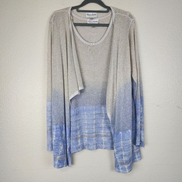 TanJay Medium Tan Blue Metallic Ombre 2 Piece Tank Top with Matching Cardigan - Picture 1 of 9